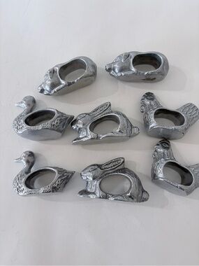 12 Ct Vintage Pewter Metal Silver Napkin Rings Pig Duck Chicken Rabbit Farm Dine